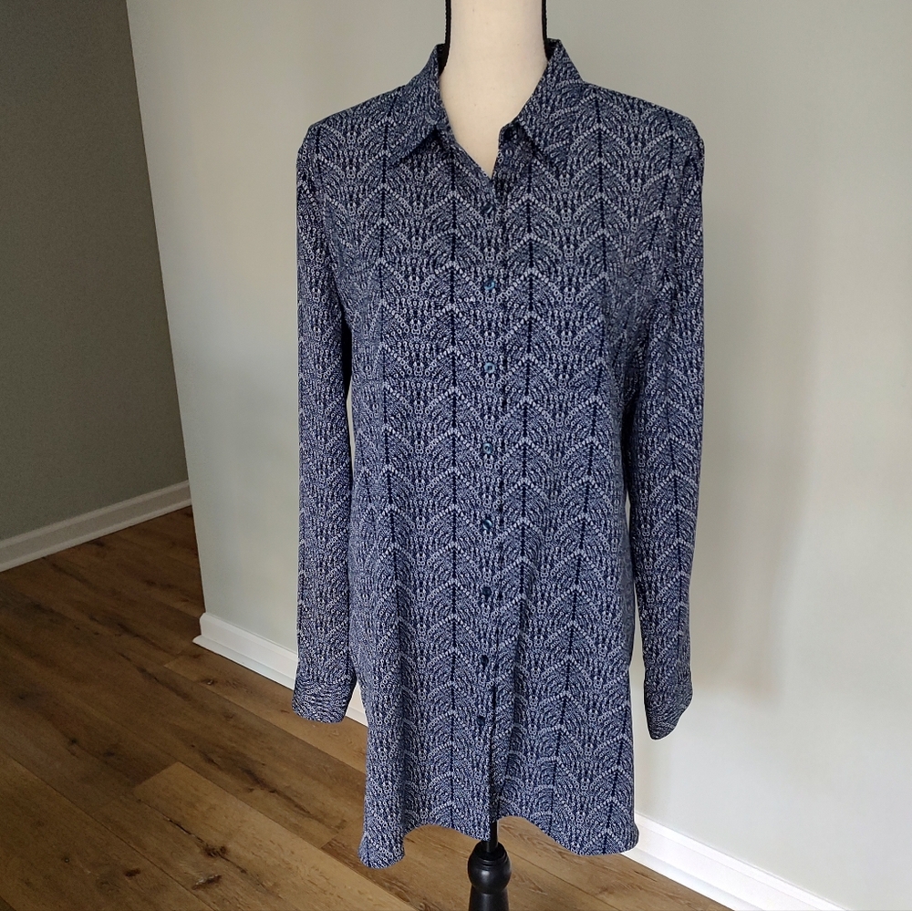 Mott50 Sun Protection UPF50 Button Down Shirt Dress Navy Blue White Geometric L